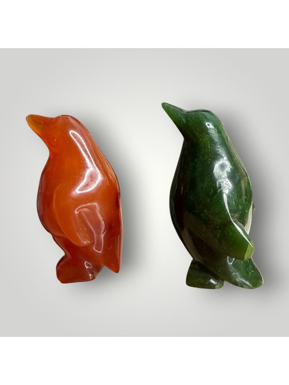 Lot of 2 Hand Carved Stone Penguins Green Jade Serpentine & Carnelian